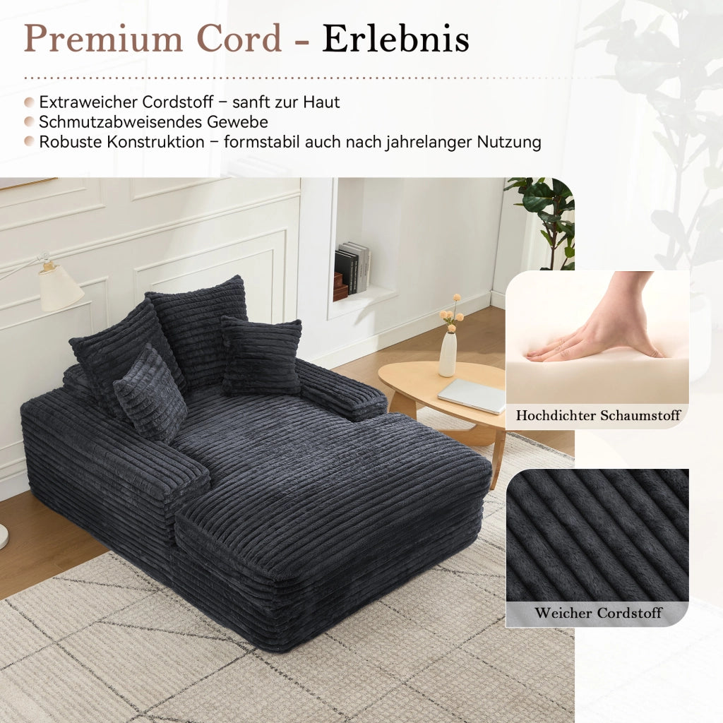 Méridienne in velluto a coste ergonomica senza montaggio con imbottitura in memory foam e 4 cuscini sfoderabili grigio