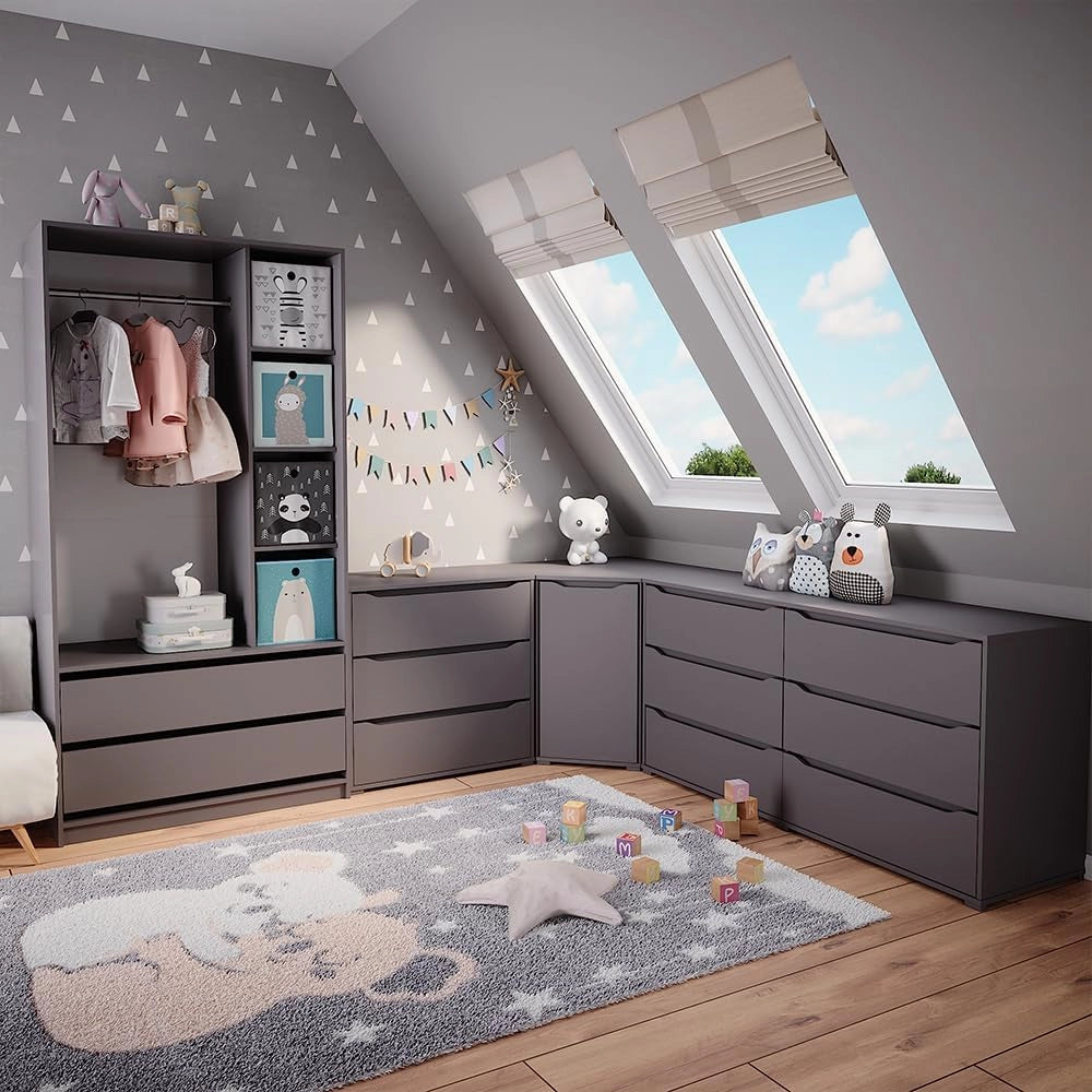 Armadio per bambini Elmo, Antracite, 100 x 200 cm con 2 cassetti, combinabile per riporre abiti e giocattoli