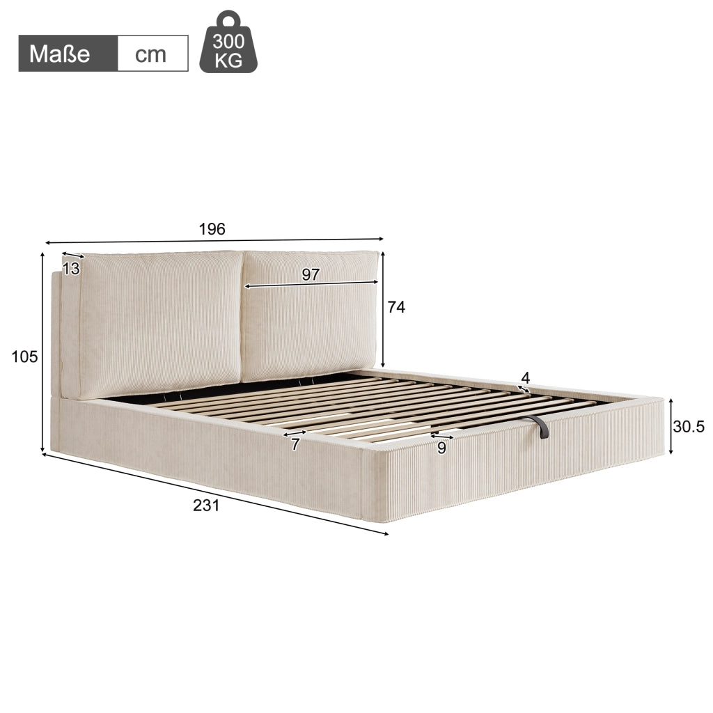 Letto contenitore matrimoniale 180 × 200 cm con sollevamento idraulico, senza materasso, in cord, beige