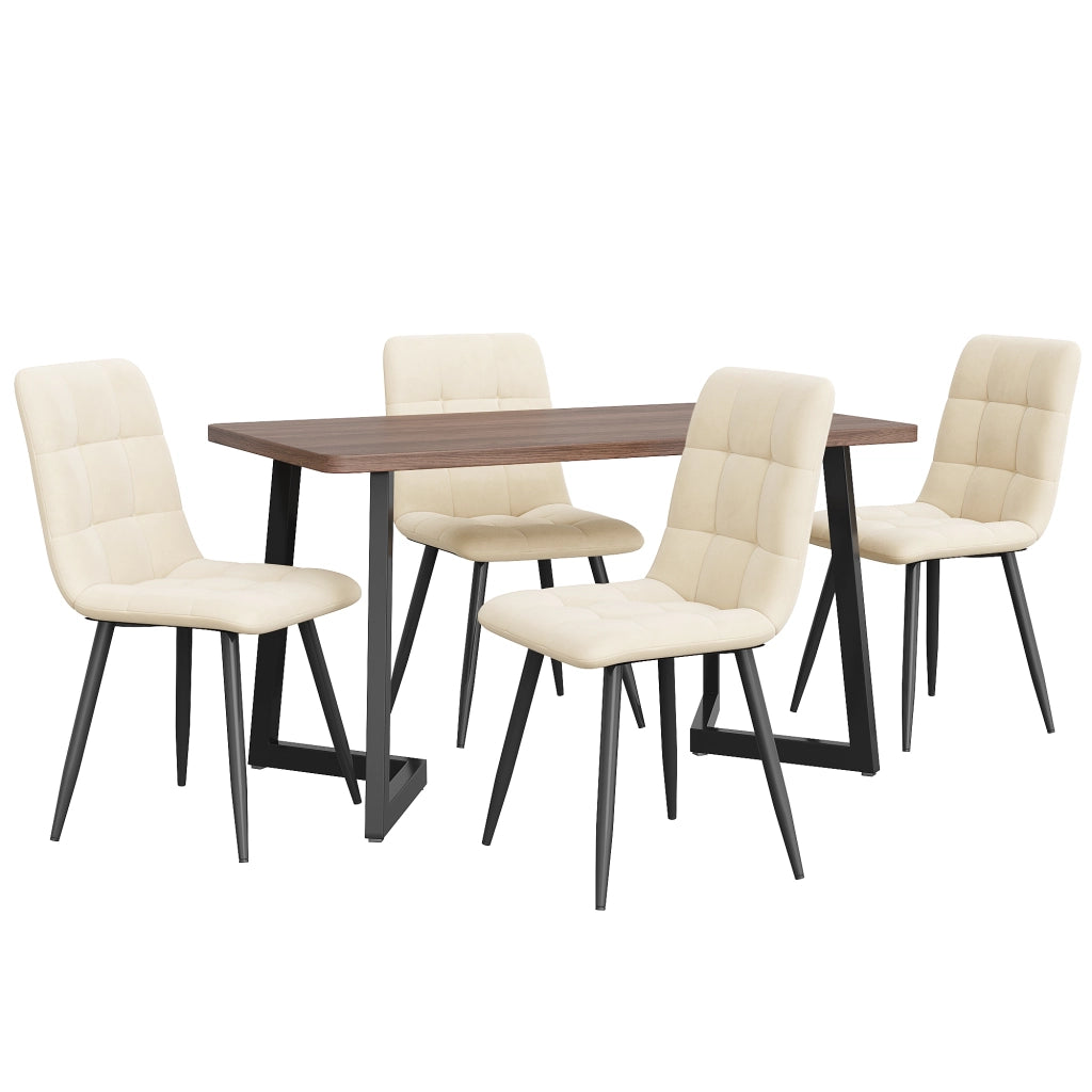 Tavolo da pranzo con 4 sedie in mdf effetto noce, sedute in velluto e gambe in metallo nero, 117 × 68 × 75 cm