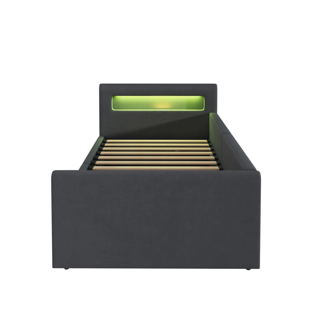 Letto imbottito 90x200 cm con LED; USB e contenitore in velluto grigio