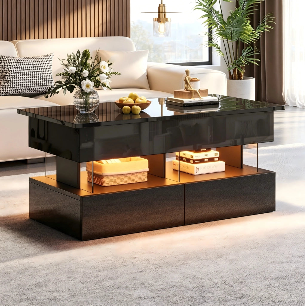 Tavolino da caffè elevabile 100 x 50 x 46 cm nero in MDF con LED e 2 cassetti