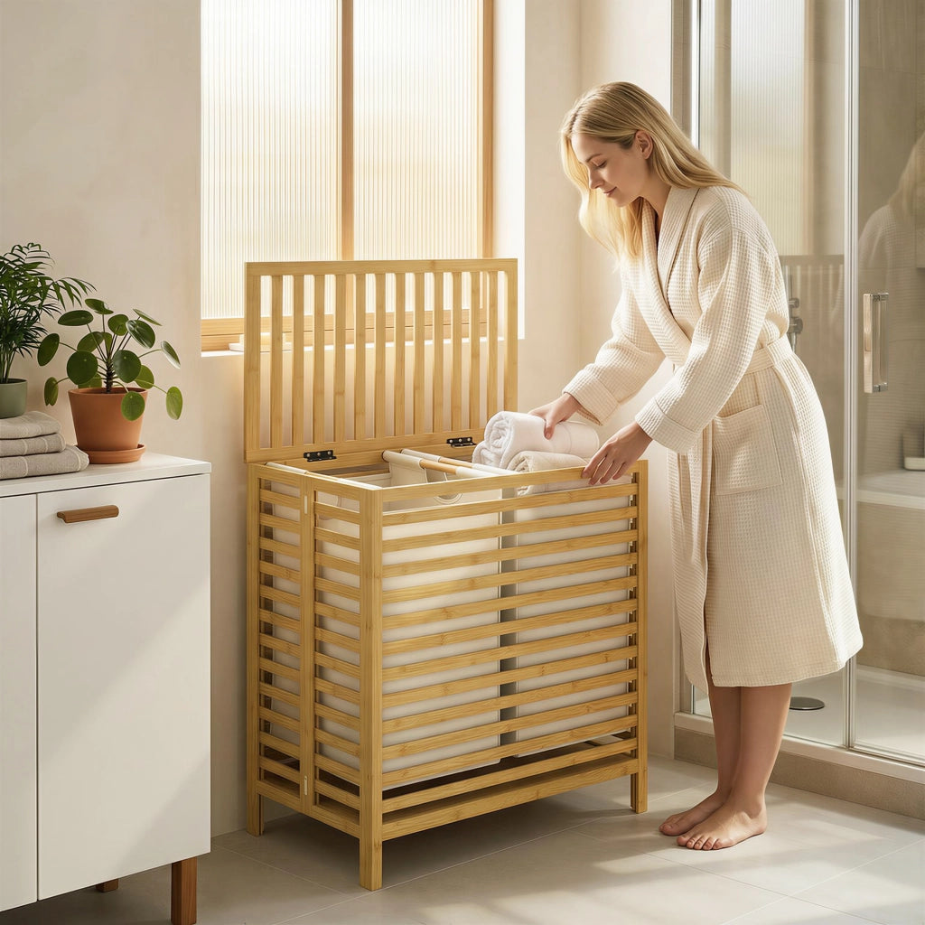Cesto Portabiancheria in Bamb¨´ con 2 Sacche ¨C zephmum ¨C Legno 64L