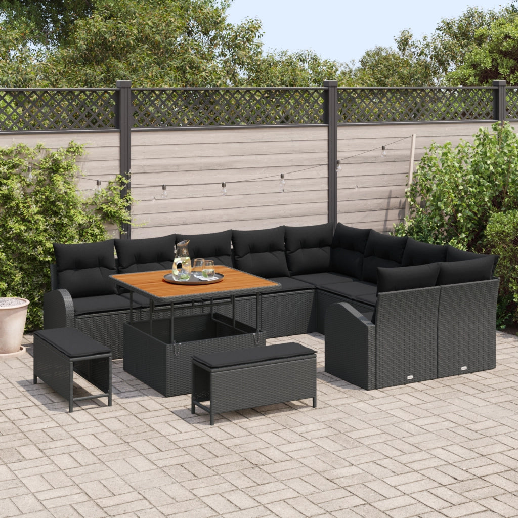 Set Divano Giardino da 12 Pezzi con Cuscini Nero Polyrattan Acacia
