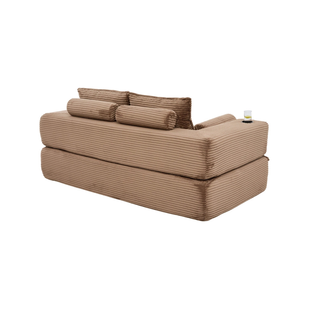 Divano letto pieghevole con portabicchieri tasche laterali e cuscini in memory foam in velluto a coste marrone