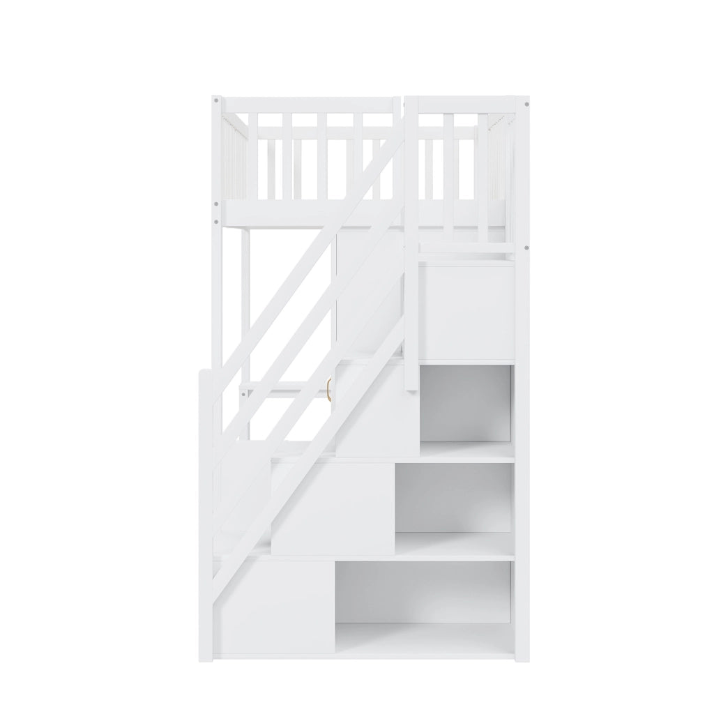 Letto a soppalco ULEVR 90x200 cm con armadio, scrivania, scaffale e scala con cassetti, bianco