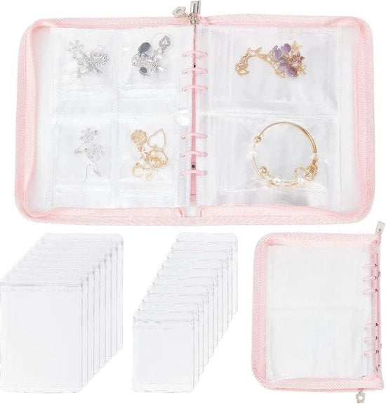 Organizzatore di Orecchini - Case Trasparente per Viaggi - Organizzatore di Orecchini e Collane - Album di Archiviazione Pieghevole - Borsa di Pochette di Ricambio - Collana e Anello - Stud Rosa - Donna.