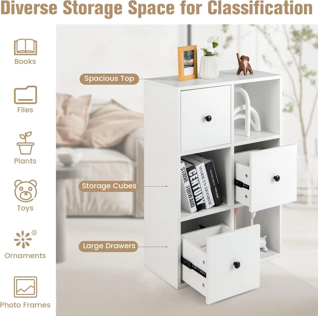 Libreria con Cassetti, Scaffale a 4 Livelli con Dispositivo Anti-Bascolare, Armadio a 6 Cube, Espositore Moderno per Soggiorno/Camera/Ufficio, 2 Colori