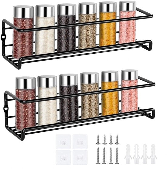 Set a doppio Kruidenrek per parete senza forare nero - Autoadesivo e con viti - Kruidenrek per porta della cucina - Kruidenrek per parete per cucina (29 x 6,4 x 6 cm)