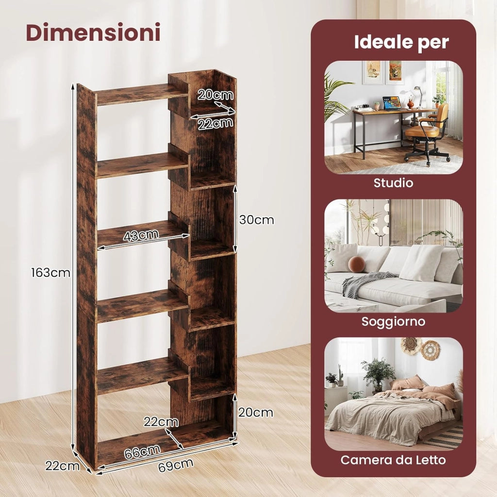 Libreria a 6 Ripiani, Scaffale Alto Salvaspazio in Legno, Libreria Moderna per Studio, Ufficio, Soggiorno e Camera da Letto, 69 x 22 x 163 cm (Marrone)