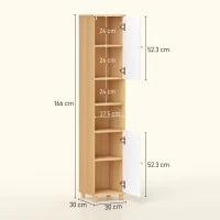 Colonna Bagno con 2 Armadietti e Ripiani Aperti, Mensole Interne Regolabili, 30x30x166 cm, Bianco e Legno