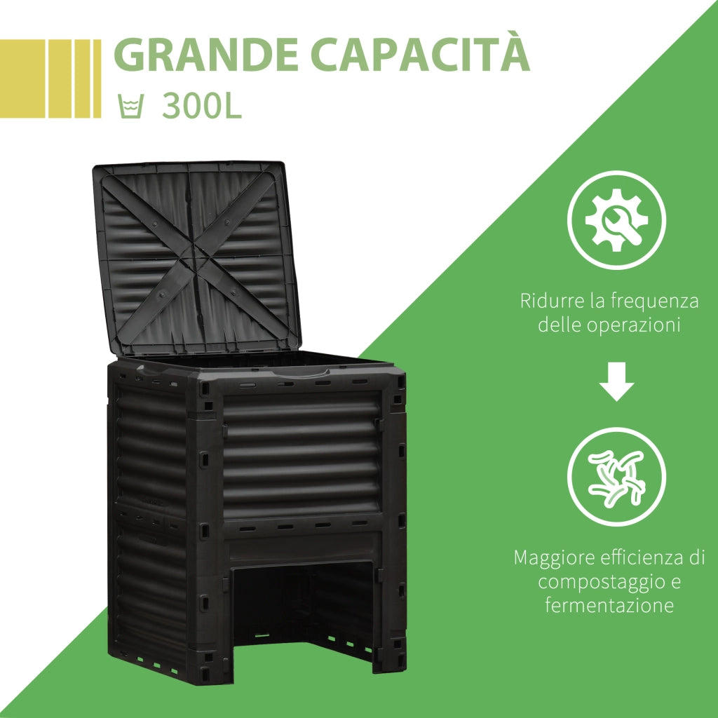 EasyComfort Compostiera da Giardino, Compostiera Domestica da 300L in Plastica Nera, Bidone per Compost con Coperchio a Incastro