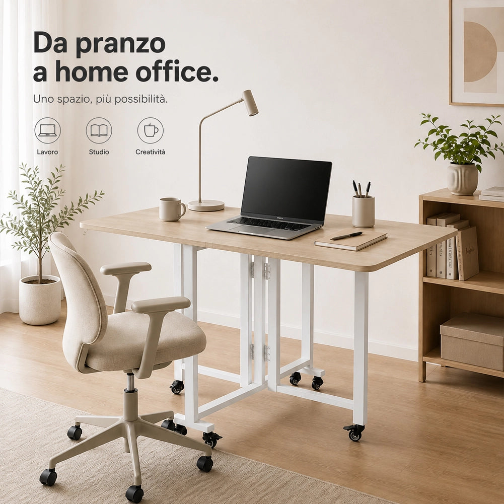 Tavolo Pieghevole da Pranzo Scrivania Multiuso con Ruote Quercia 120x80x75cm