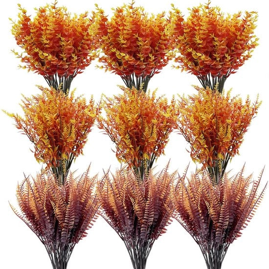 18 pezzi di fiori artificiali per l'autunno, piante, UV-resistenti, in bulk, per esterni, fiori di asfodelo finto, verde plastico, alberi, composizione per veranda, finestra, scatola, cesto da appendere