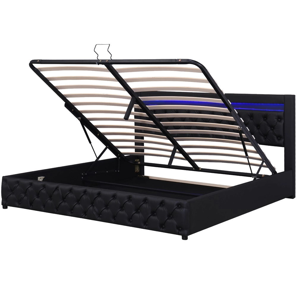 Letto Contenitore Imbottito con LED e Rete a Doghe ¨C MINIMAL ¨C Nero, Similpelle, 160x200