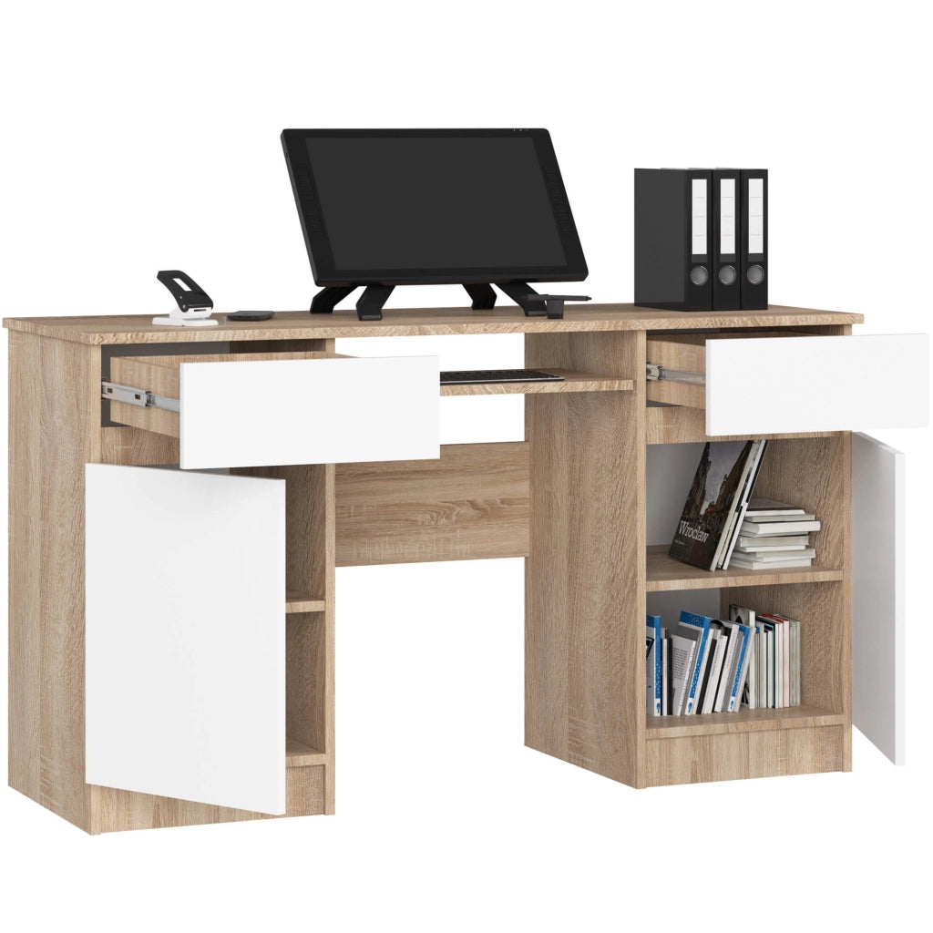 Scrivania per computer AKORD A5 Sonoma Quercia 135 cm 2 ante 2 cassetti inserto frontale Bianco 135x50x77 cm