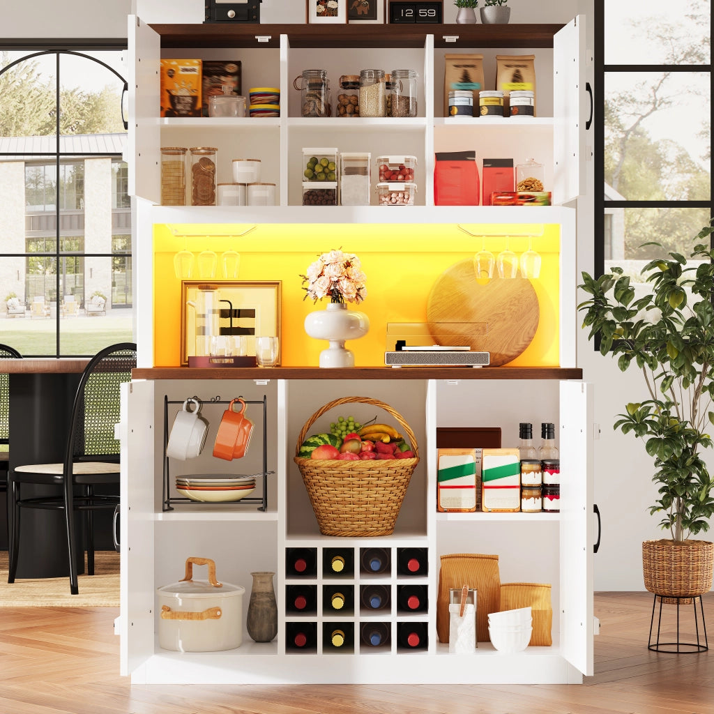 Credenza alta con LED RGB, 2 ante e vano aperto, ripiani regolabili, per cucina e soggiorno, bianco, 120 × 40 × 180 cm