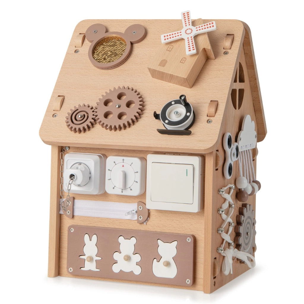 Casetta sensoriale per bambini in legno-Casetta giocattolo piccola con giochi sensoriali e vano interno