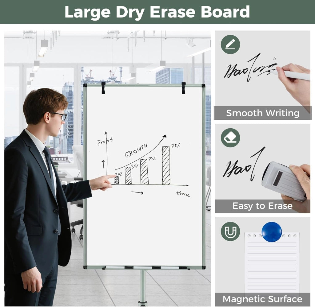 Lavagna mobile con base a rotelle, regolabile in altezza e ripiano per penne, 100 x 65 cm, lavabile a secco (verde)