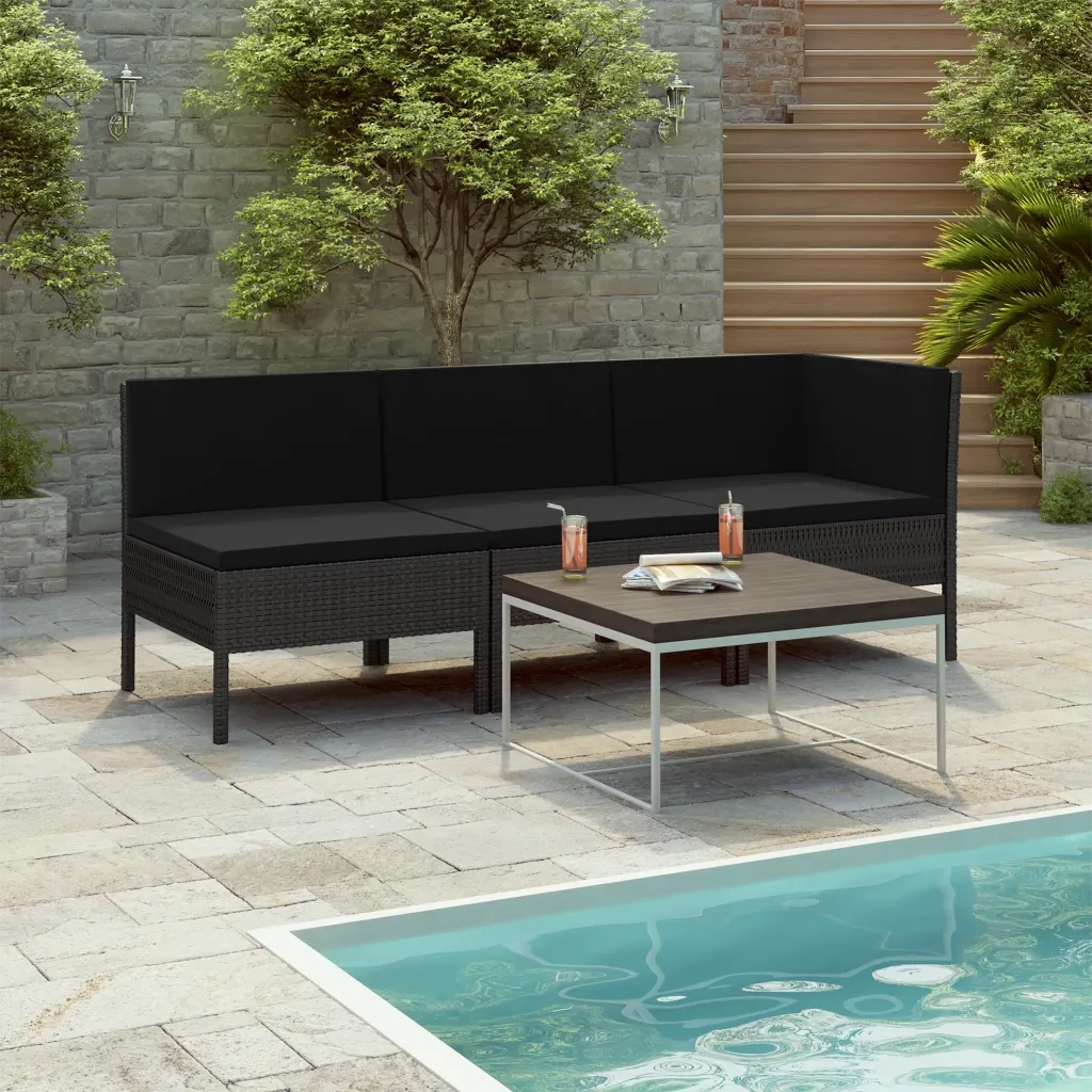 Set Divani da Giardino 3 pz | Set Salotto da Giardino con Cuscini in Polyrattan Nero
