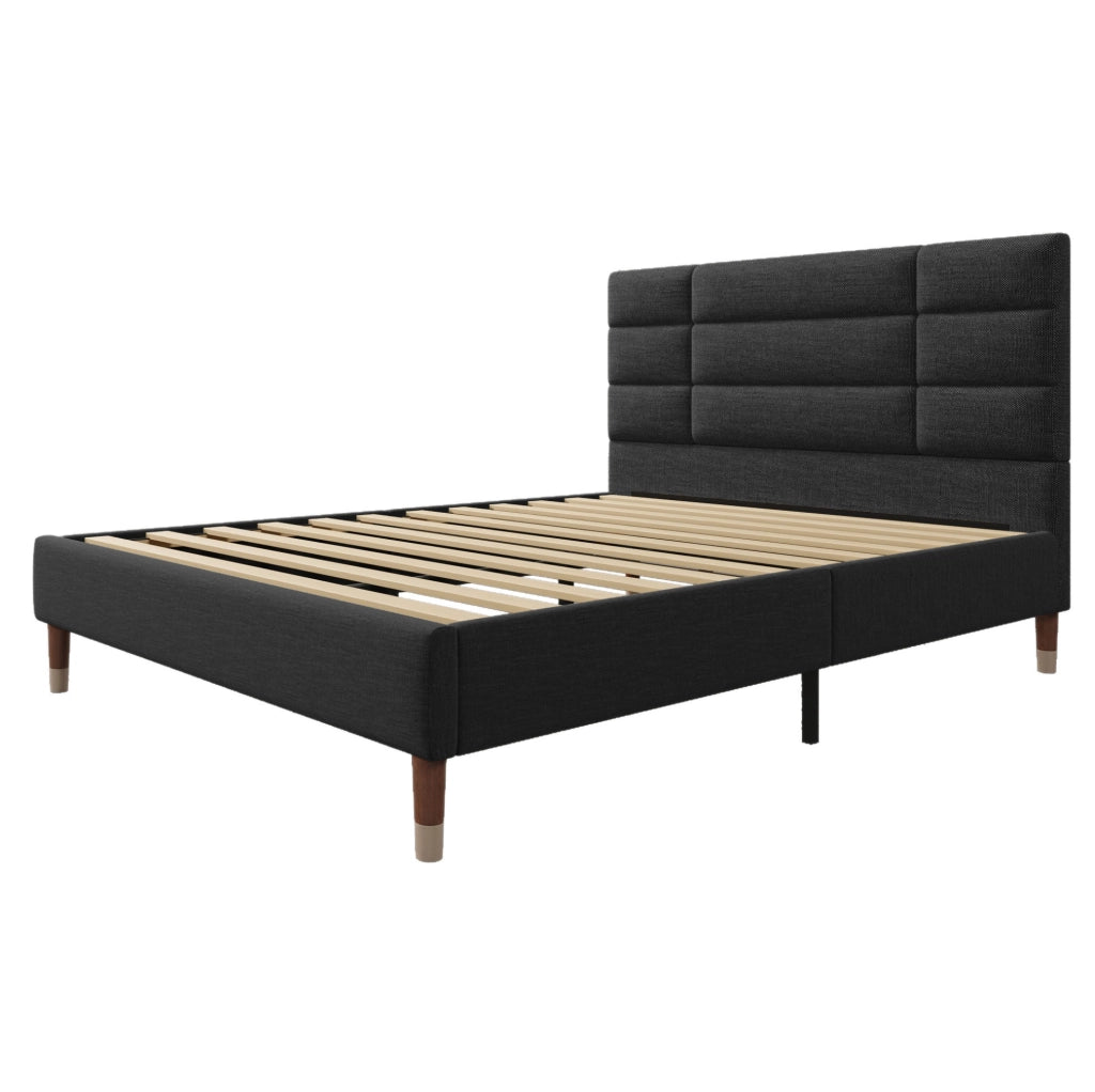 Letto imbottito 140x200 cm con rete; testiera comoda; legno; nero (Senza materasso)