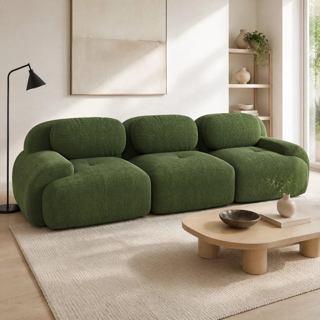 Divano angolare modulare in velluto a coste; 298x103x70 cm; verde