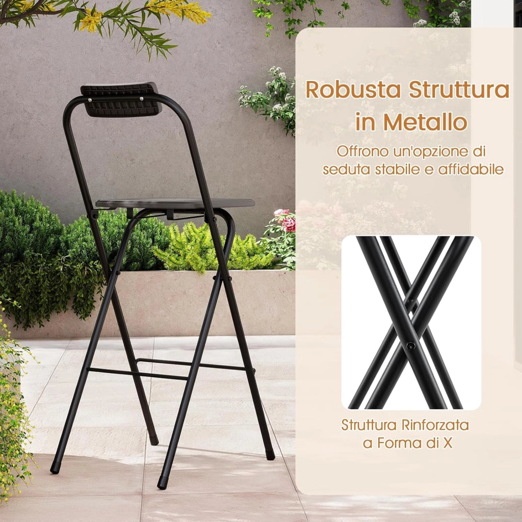 Set di 2 Sgabelli da Bar Pieghevoli, Sedia Alta con Schienale e Poggiapiedi, Struttura in Metallo, per Interno ed Esterno, Portata 150 kg (Grigio)