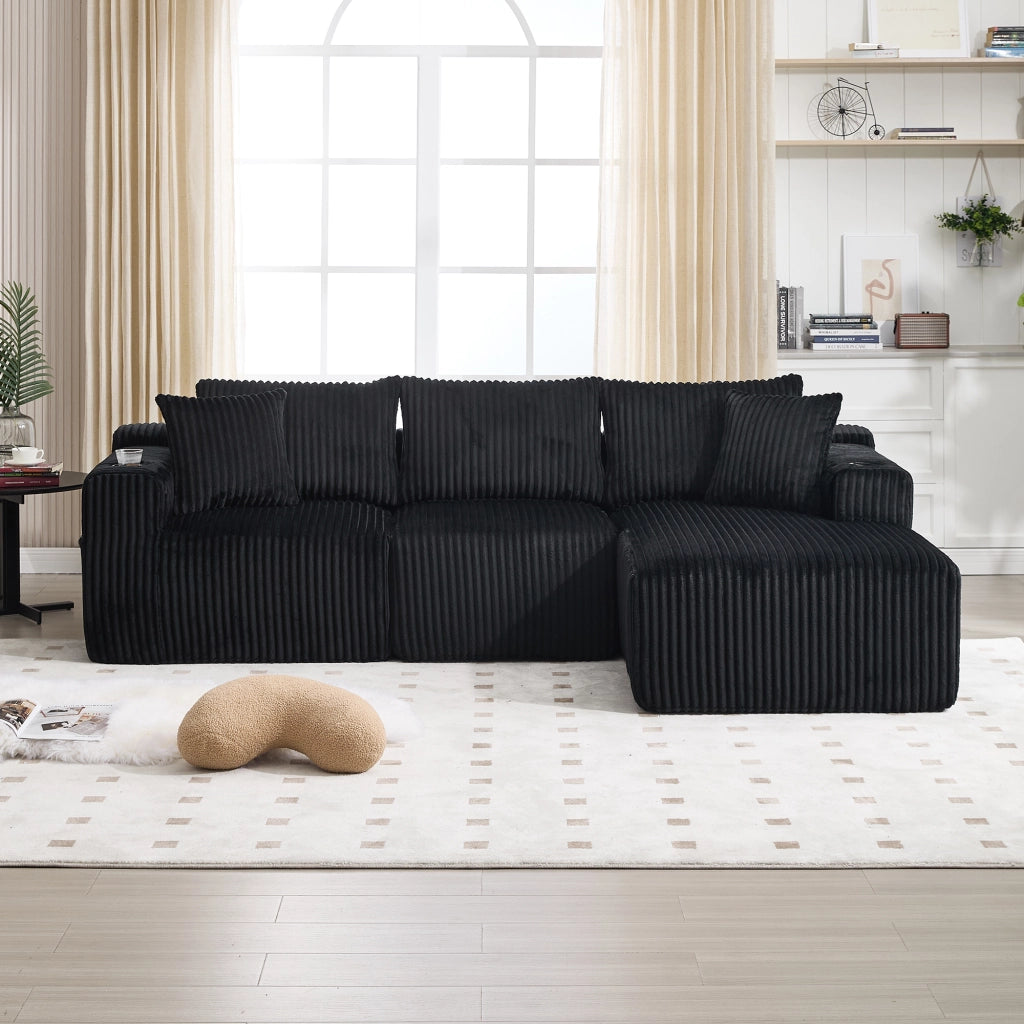 Divano modulare con chaise longue e 2 posti con 5 cuscini, tasche laterali e portabicchieri in velluto nero