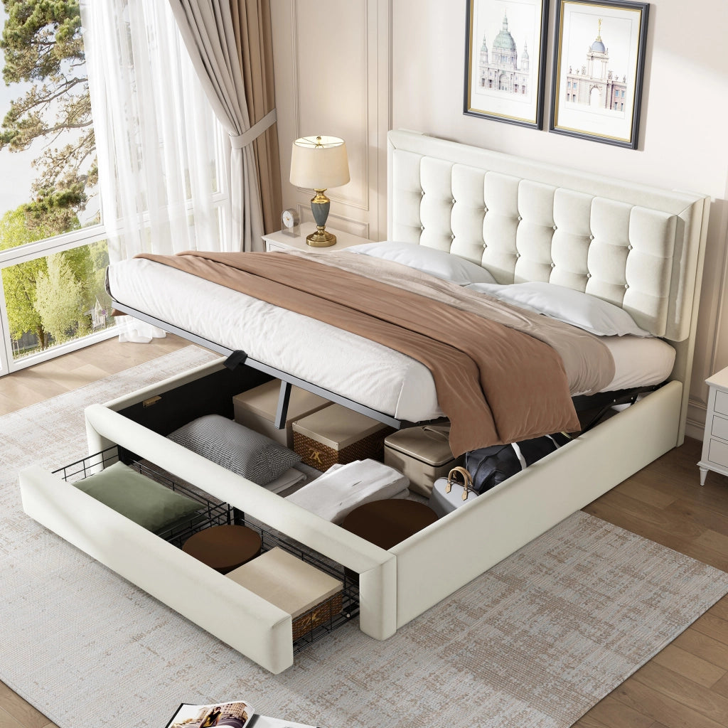 OKWISH Letto Contenitore 140×190 cm, Letto Matrimoniale con 2 Cassetti, Testiera Regolabile e Vano Contenitore, senza Materasso, Beige
