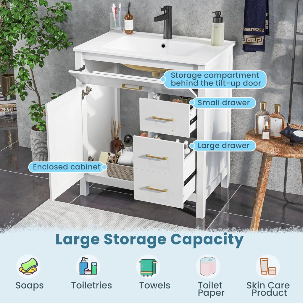 Mobile da bagno con lavabo in ceramica, armadio sotto il lavabo con 2 cassetti e 1 scomparto con porta, 76 x 46,5 x 86 cm, mobile lavabo per bagno, lavanderia, bianco