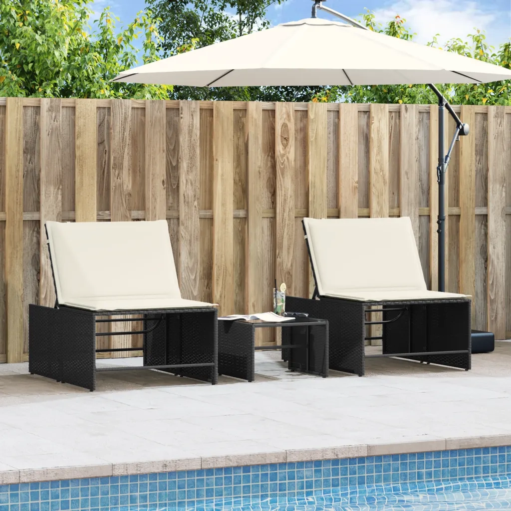 Lettini prendisole modulari 2 pz con tavolo nero in polyrattan 368422