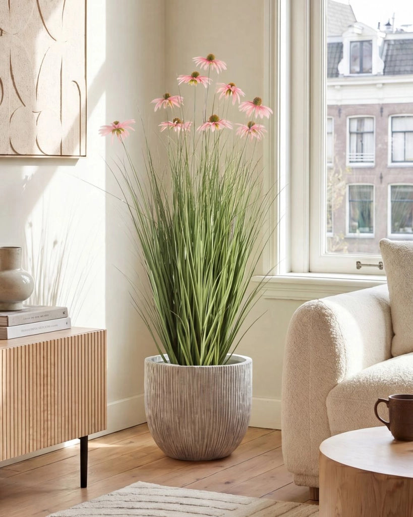 Pianta artificiale in vaso con erba rosa e rudbeckia in plastica nera 120 cm  Accessorio decorativo per interni