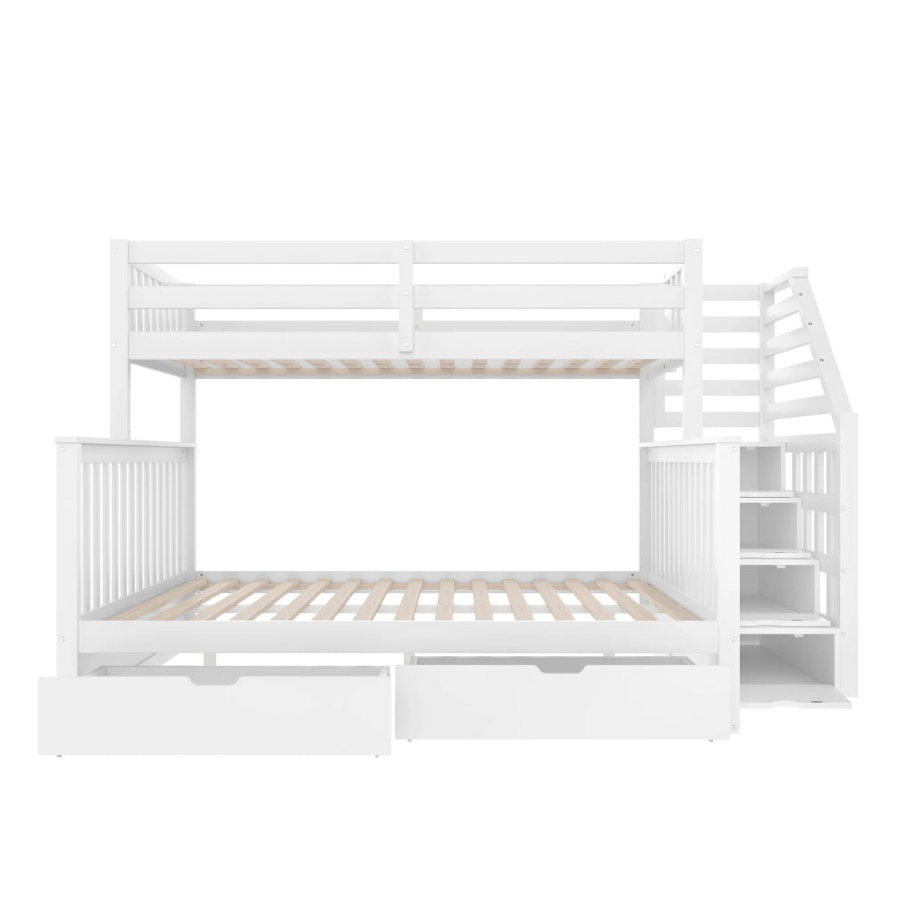 OKWISH Letto a Castello 90×200 cm e 140×200 cm, Letto 3 Posti con 2 Cassetti, Spazio Contenitore e Scala, senza Materasso, Bianco