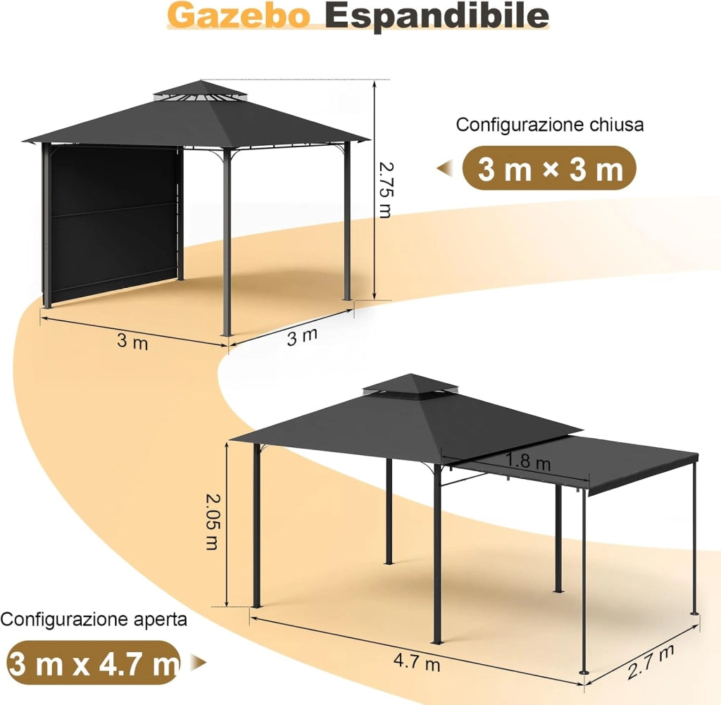 Gazebo Esterno Resistente 3x3, Gazebo Impermeabile Stabile, Protezione UV 50+, Pavillon Fisso da Grill per Giardino Estensibile 3x4.7 m, Terrazza, Feste di Grill o Feste Spontanee, Grigio