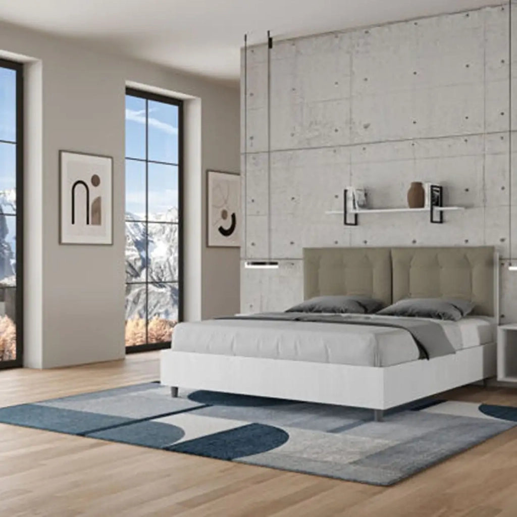 Letto matrimoniale con rete 160x190 bianco frassino cuscini similpelle cappuccino Egos Annalisa