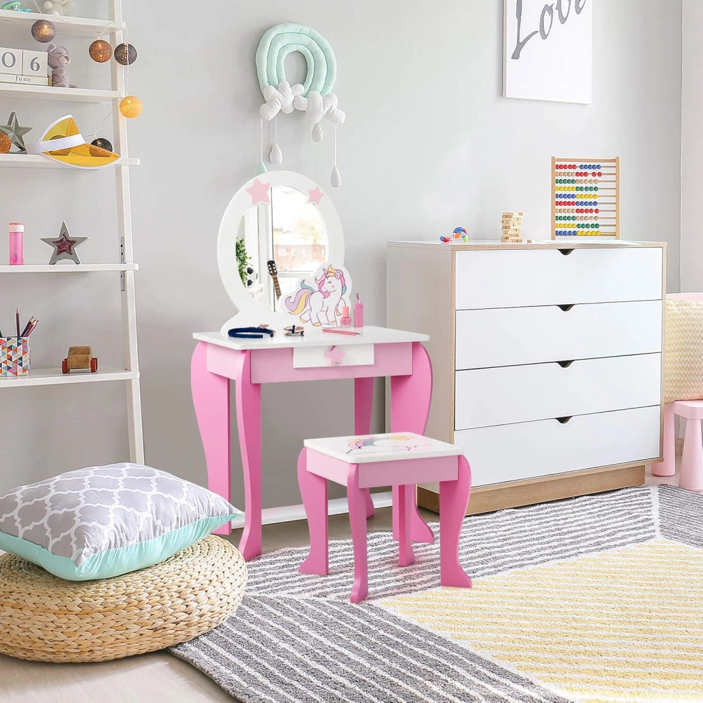 Set di Specchiera e Sgabello per Bambini, Tavolo da Trucco Giocattolo in Legno con Cassetto, Ideale Regalo per Ragazze di 3-7 Anni, con Portata di 15kg, 49x35,5x89cm (Rosa)