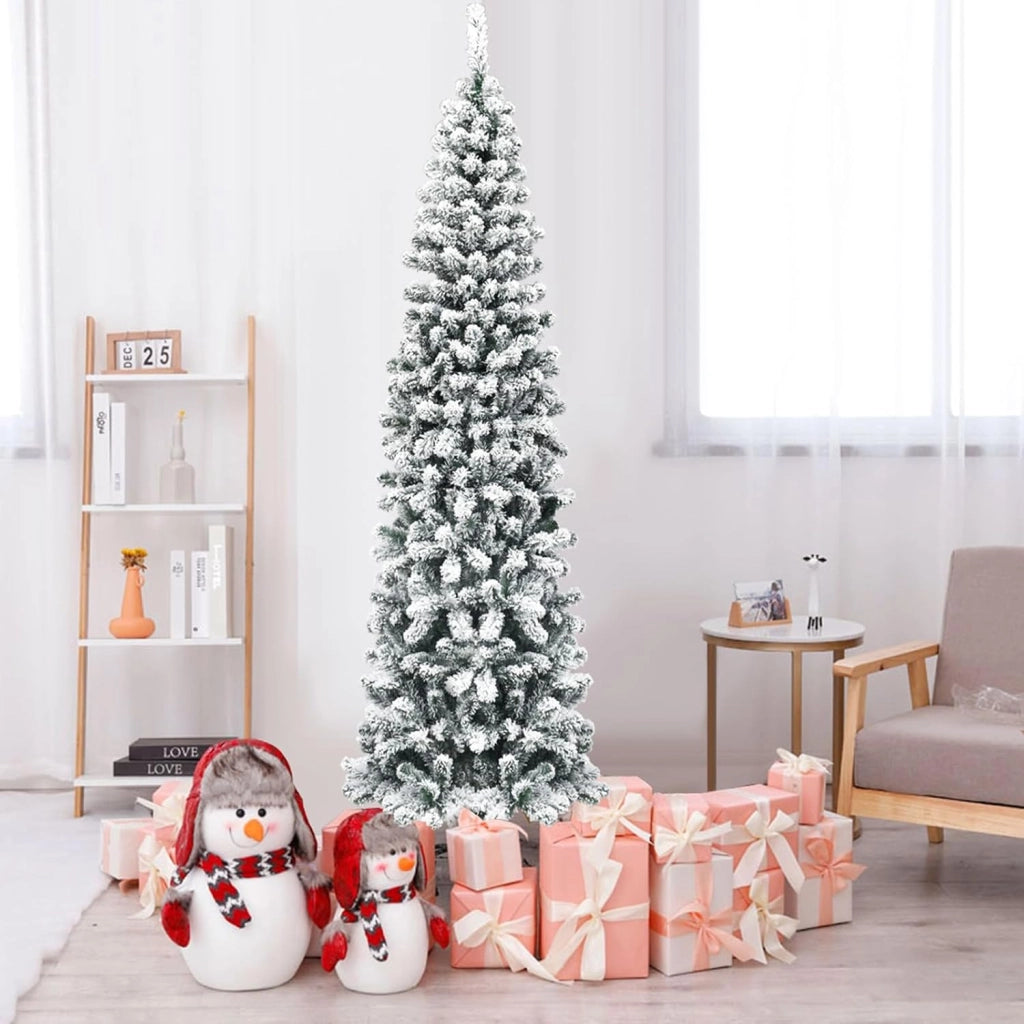 Albero di Natale Innevato 140/180/225 cm, Albero di Natale Artificiale Slim con 242/500/641 Rami Realistici e Folti e Base Pieghevole di Metallo, Apertura a Ombrello (225 cm)