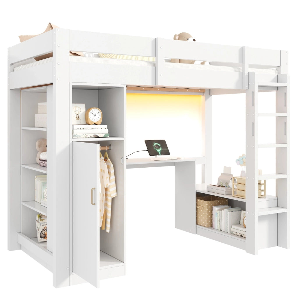 Letto a soppalco 90x200 con scrivania; armadio e LED; legno massello e MDF; bianco