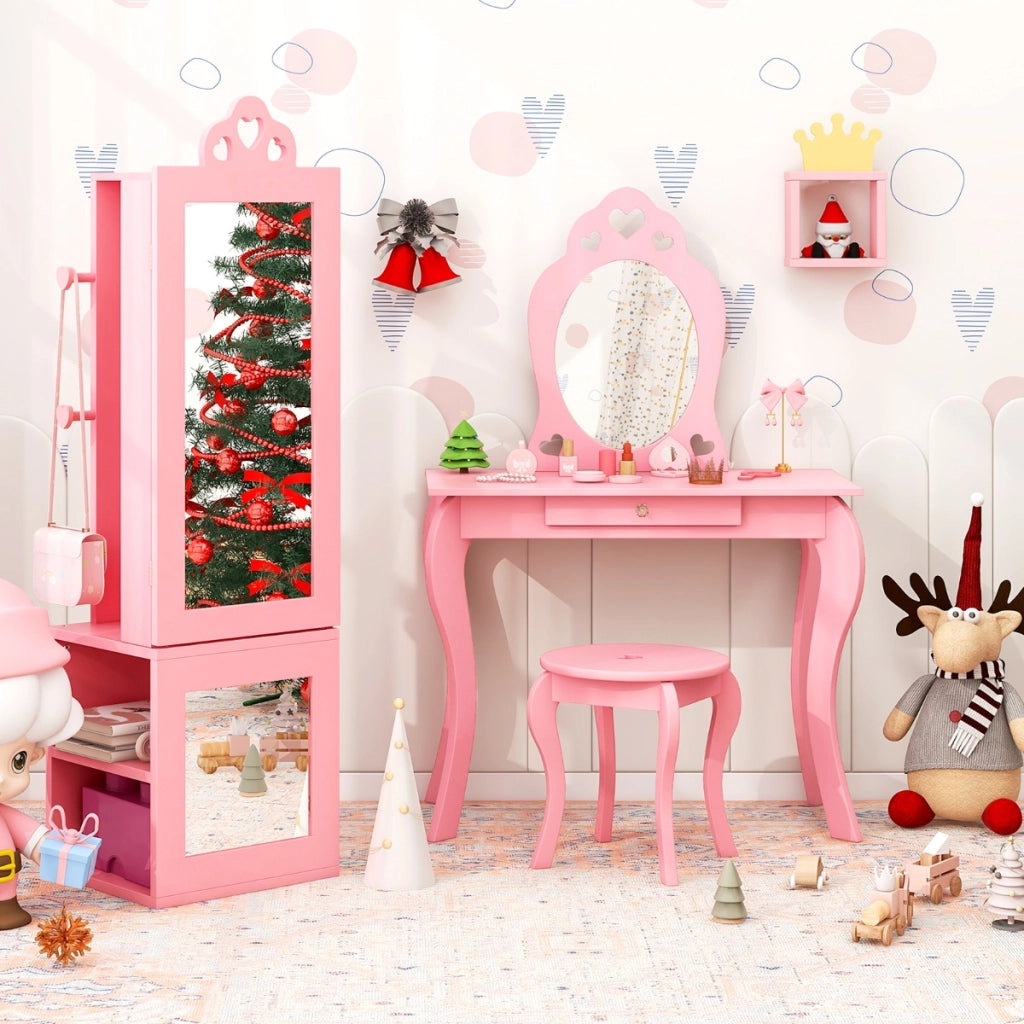 Armadio portagioie per bambini con specchio a figura intera e appendiabiti, Armadio porta abiti 3 in 1 per ragazze Rosa-Armadietti per gioielli