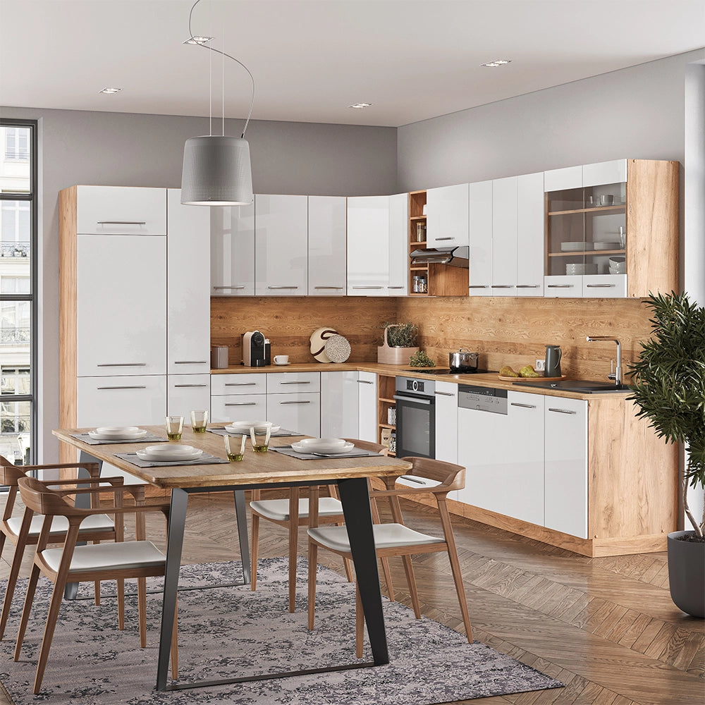 Vicco Cucina angolare completa Bianco lucido/oro power oak 347 x 257 cm senza piano di lavoro