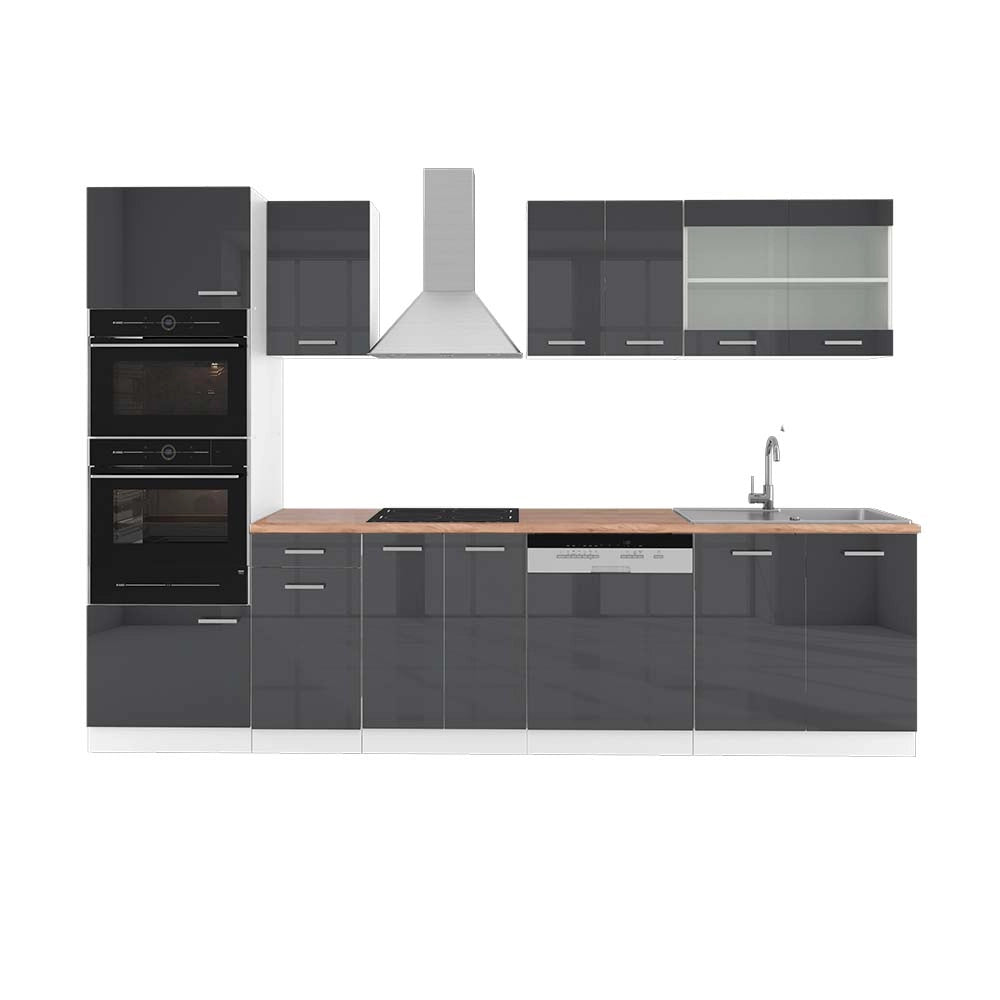 Vicco Cucina componibile Antracite lucido/bianco 300 cm con armadio alto, PL Rovere