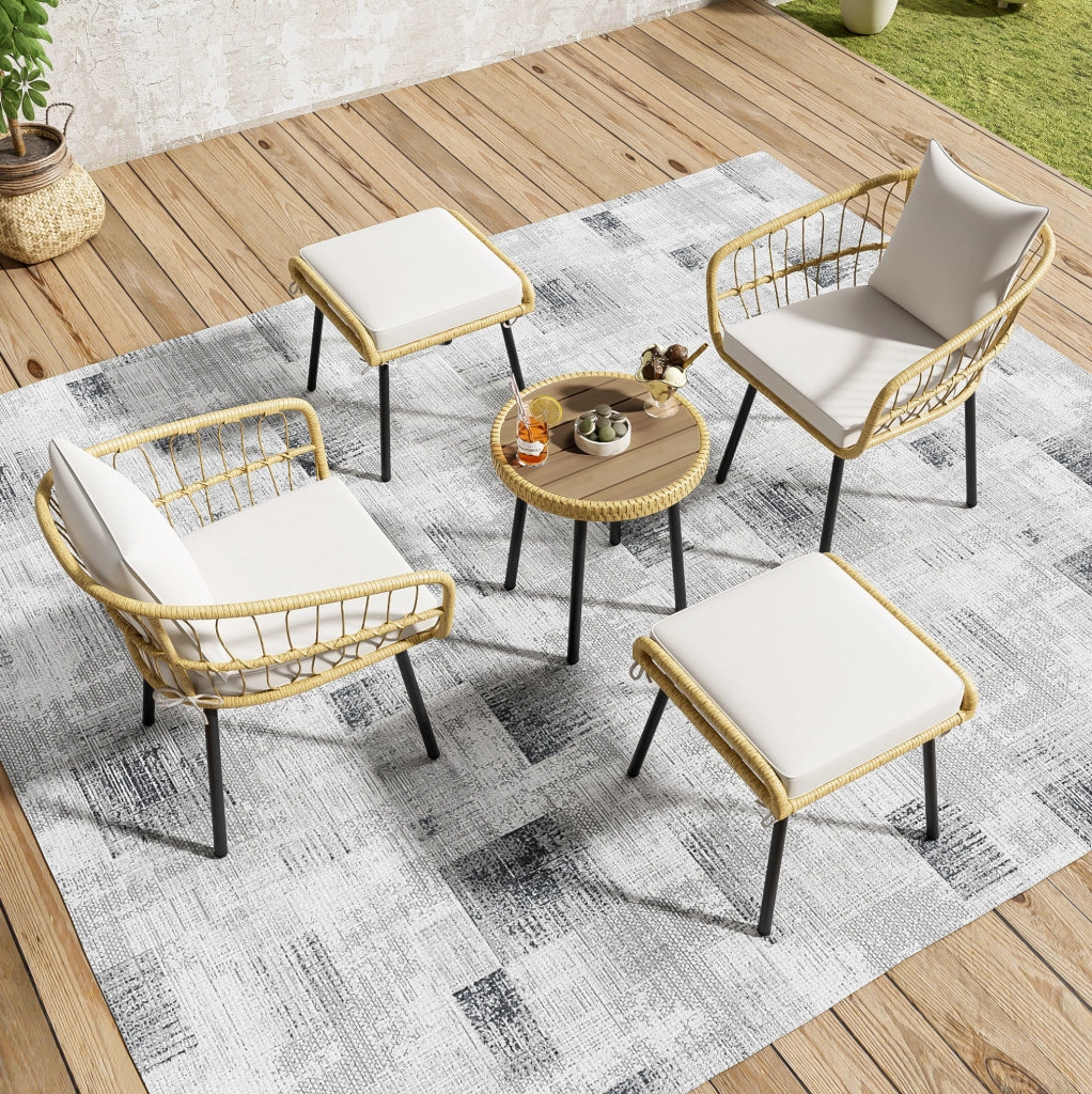 Set da giardino 5 pezzi con 2 sedie; 2 sgabelli; tavolo e cuscini; rattan bianco naturale