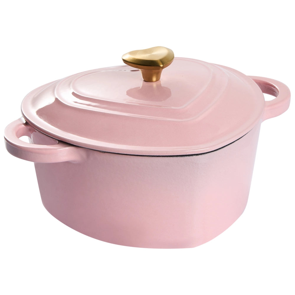Casseruola rosa in ghisa smaltata con coperchio e manopola in acciaio inossidabile a forma di cuore adatta al forno e compatibile con tutti i tipi di piano cottura per la cucina