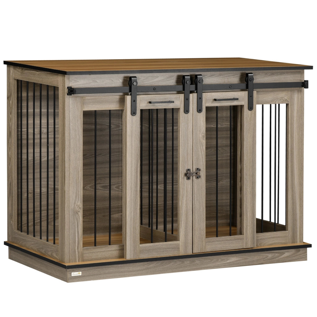 Gabbia per cani 2 in 1 con divisorio e 2 porte per interni in metallo e legno color rovere 120 × 60 × 88,5 cm