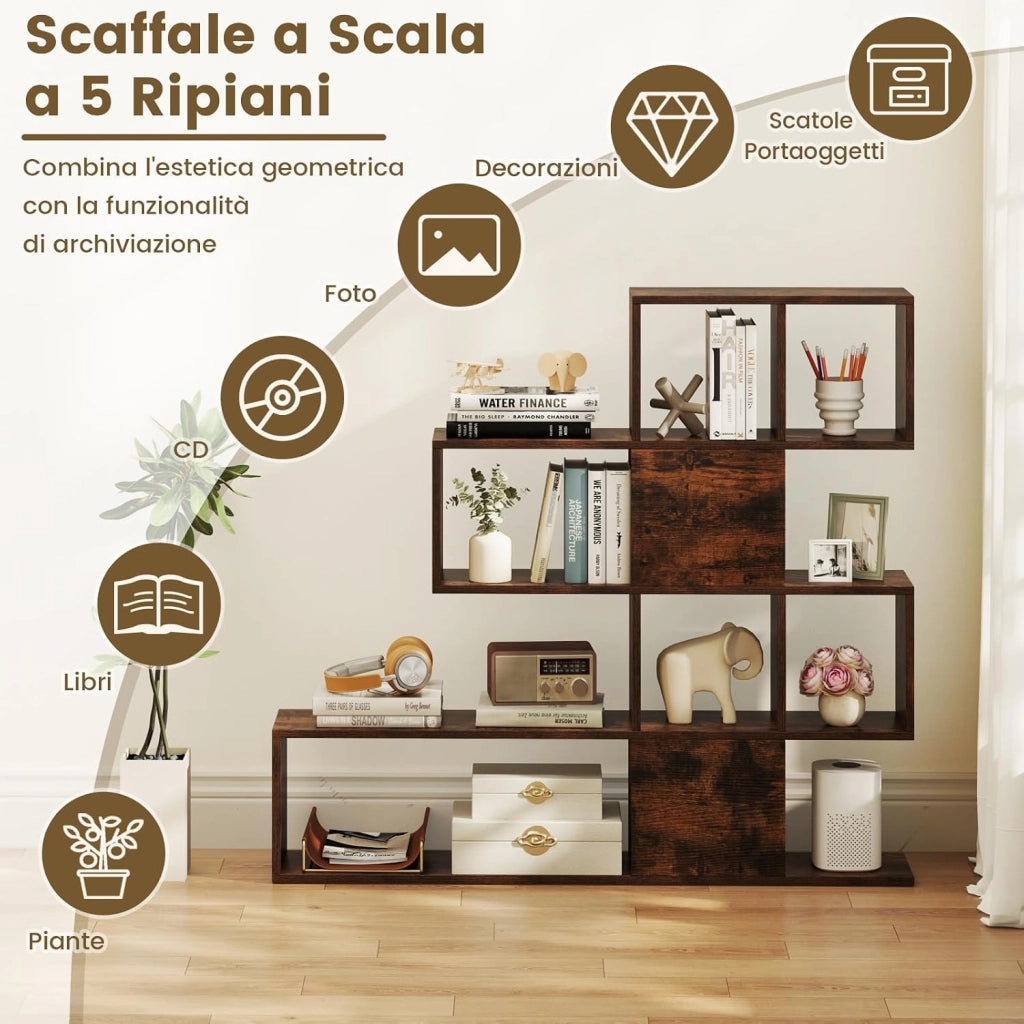 Libreria in Legno, 5 Livelli con Ante, Scaffale Multifunzionale a Forma di Scala, Ideale per Soggiorno Studio Ufficio, 120x19,5x109cm (Marrone)