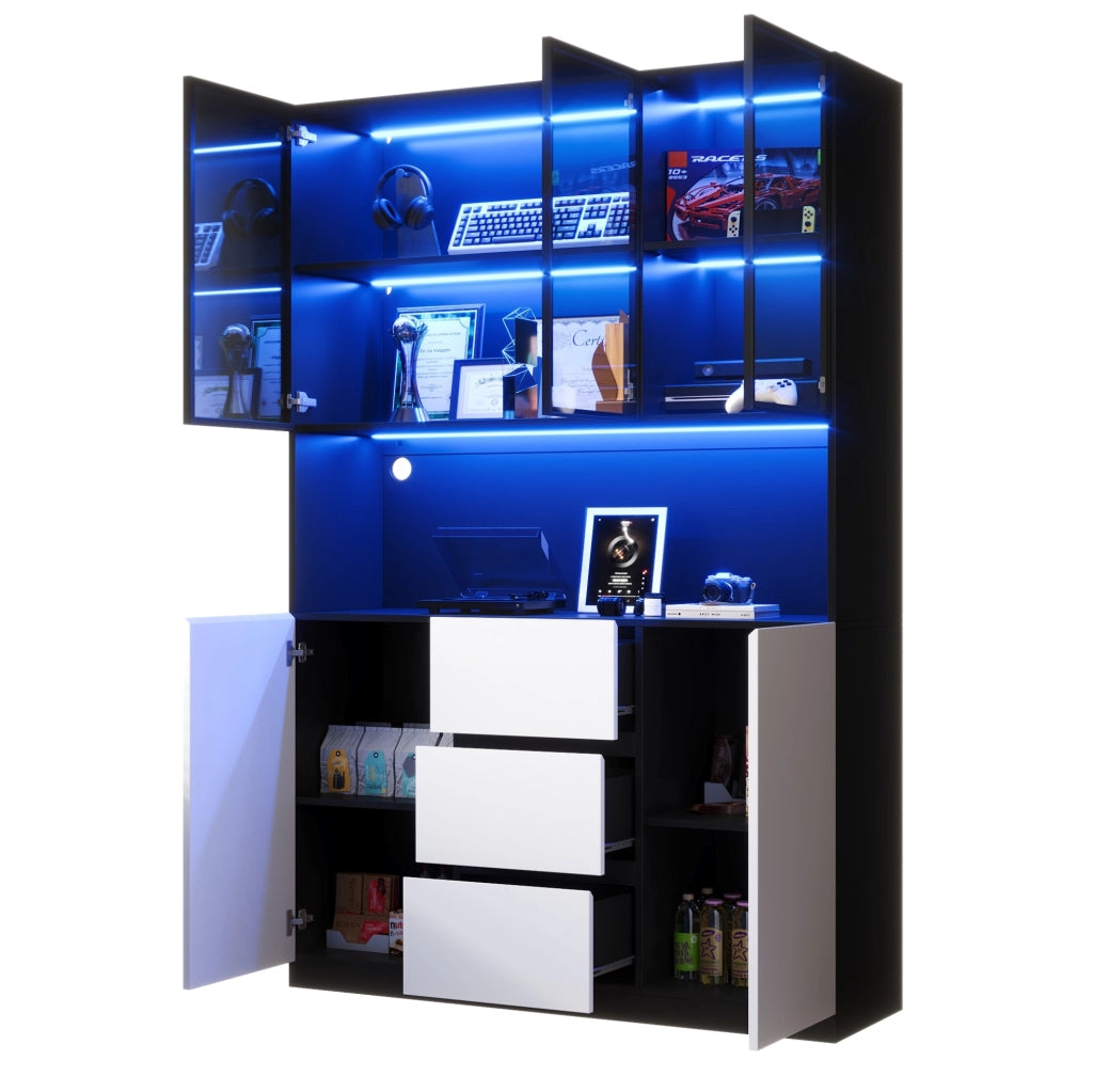 Vetrina in vetro con LED 120x40x200 cm; MDF nero; con ripiani aperti; 3 cassetti e 2 ante