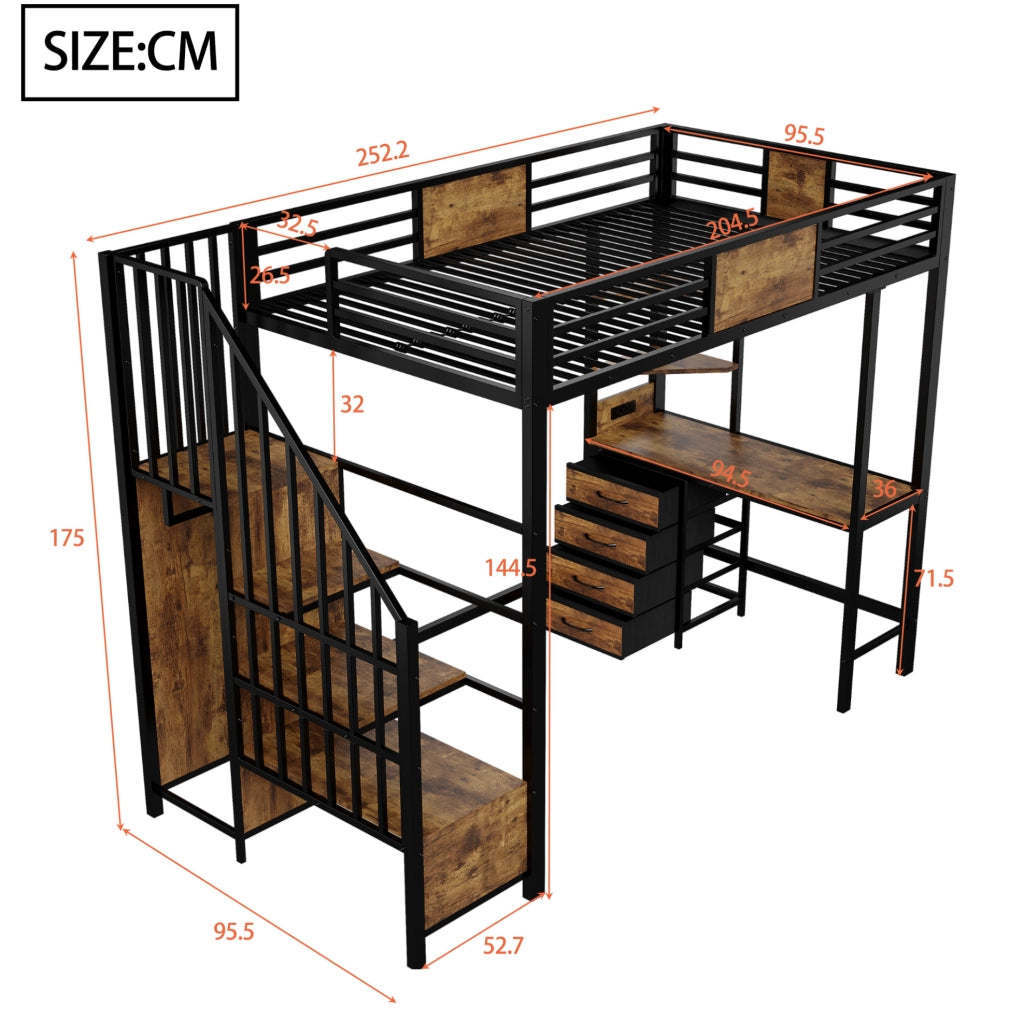 Letto a soppalco 90x200 cm in metallo e MDF con scrivania; ripiani; LED e presa; nero
