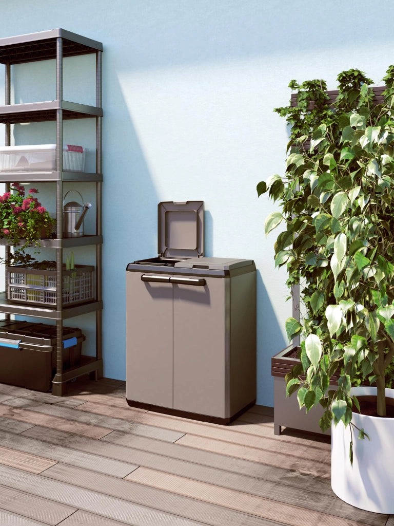 Armadietto Raccolta Differenziata in Resina con 2 Scomparti e Coperchi Superiori Colore Grigio e Nero Split Recycling Keter