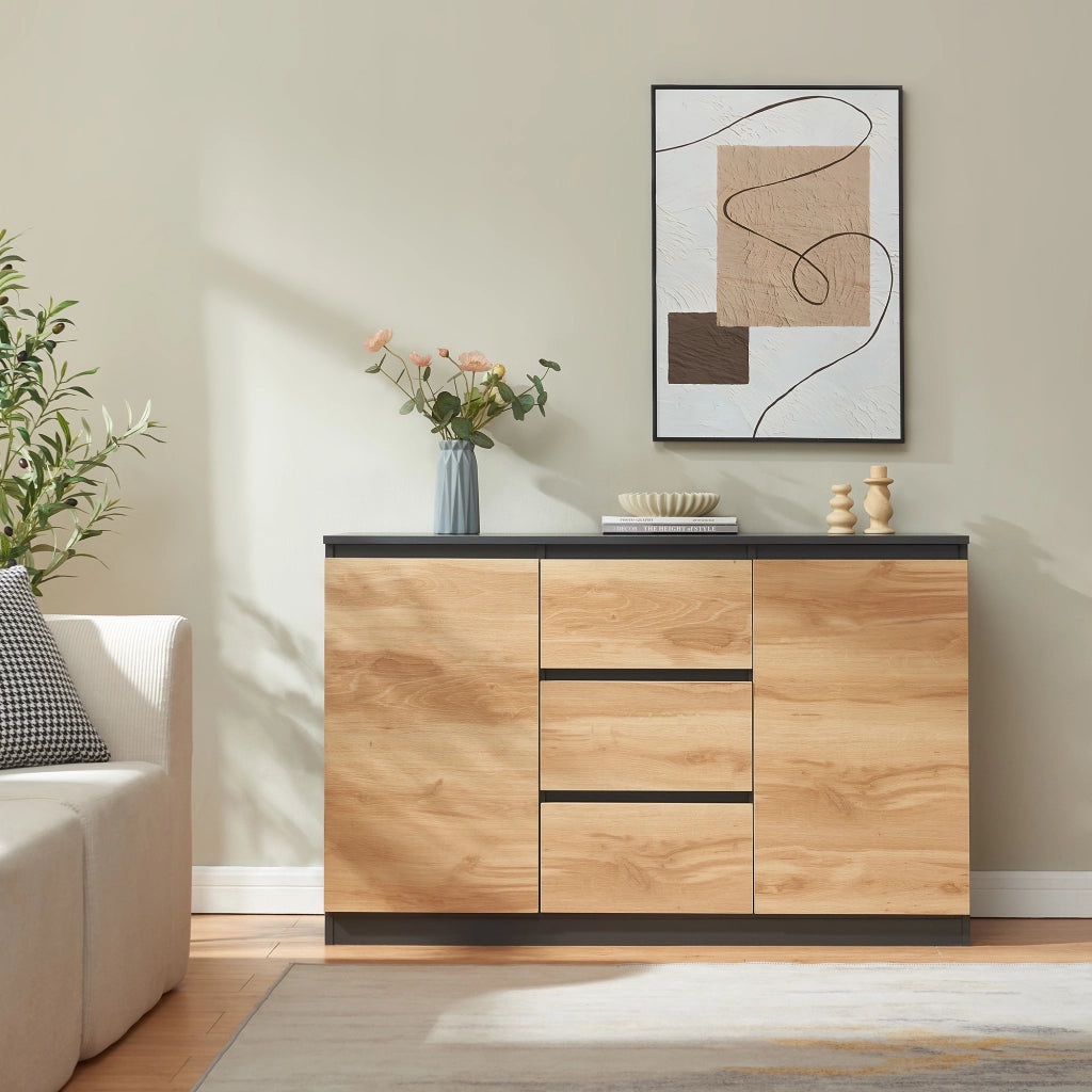 Credenza Mobile Contenitore Kyr Comò con 2 Ante e 3 Cassetti 120 x 35 x 75 cm - Nero/Effetto Rovere Rustico [en.casa]