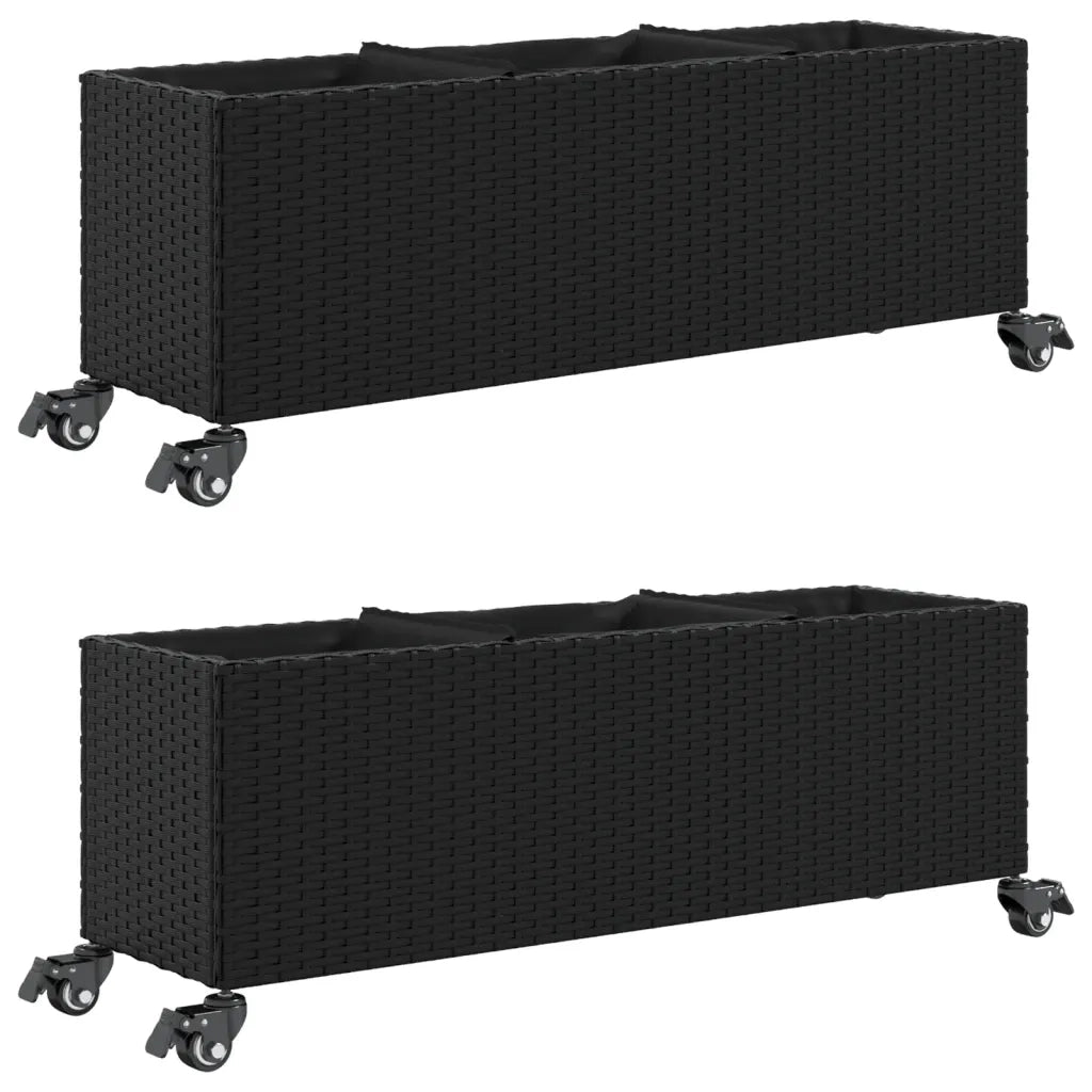 Fioriere da Giardino con Ruote 2pz Nere 107x32x38 cm Polyrattan